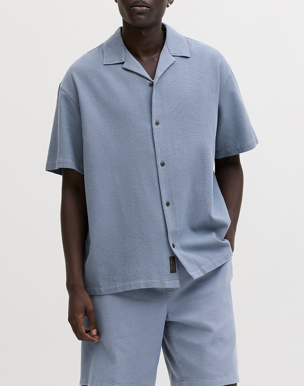 JACK&JONES JJGLOBAL WAFFLE RESORT SHIRT SS 12295551-Blue Mirage SteelBlue