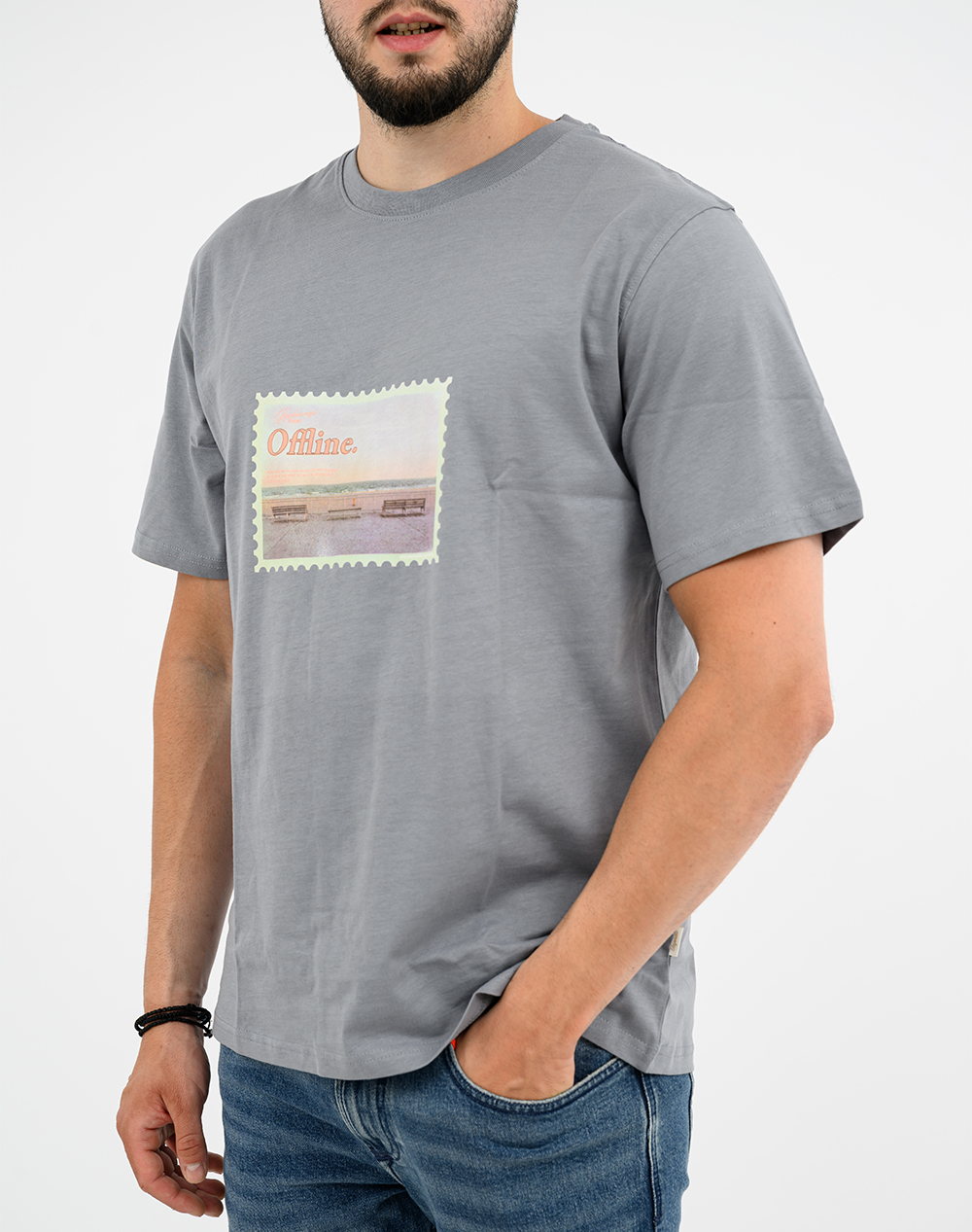 Jack Jones Jormontauk Photo Tee Ss Cn 12290890-Tradewinds Gray ανδρικά ρούχα μπλούζες T-Shirt Politikos Shop Πολιτικός