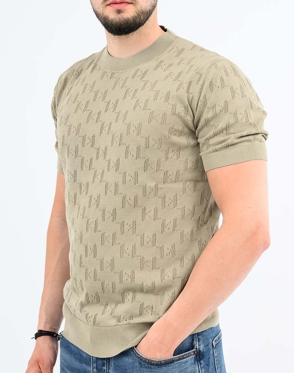 Karl Lagerfeld Knit Crewneck 1 2 655004-562301-420 Khaki ανδρικά ρούχα μπλούζες T-Shirt Politikos Shop Πολιτικός