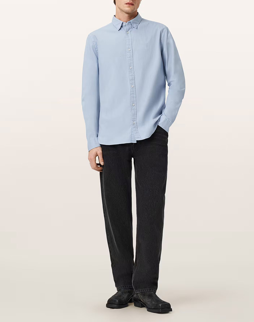 All Saints Hawthorne Ls Shirt M150Sb-Villa Blue Lightblue ανδρικά ρούχα πουκάμισα Politikos Shop Πολιτικός