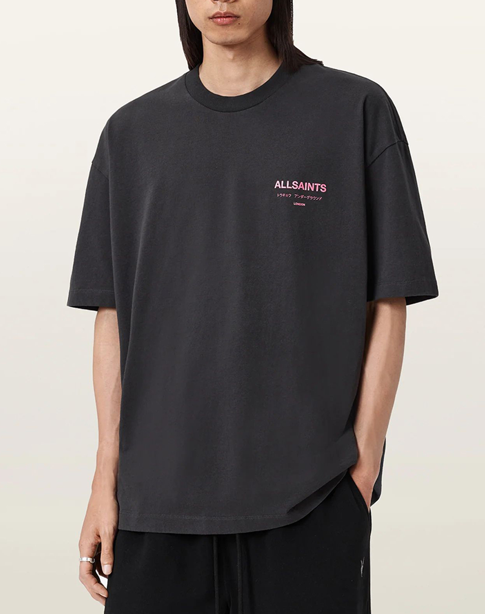 ALL SAINTS UNDERGROUND SS CREW M071PB-Washed Black/Pink DarkSlateGrey