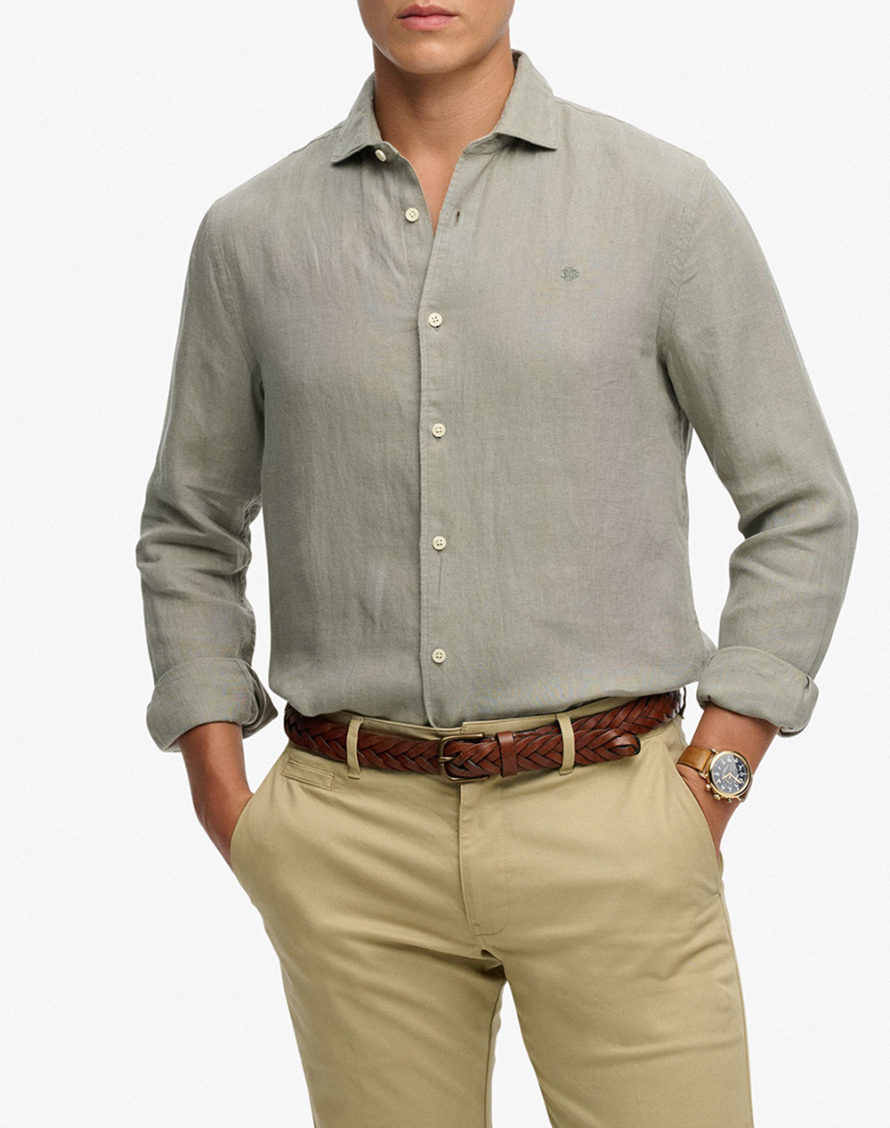 SUPERDRY D2 STUD RIVIERA L/S LINEN SHIRT ΠΟΥΚΑΜΙΣΟ ΑΝΔΡΙΚΟ M4011103A-J3C Khaki