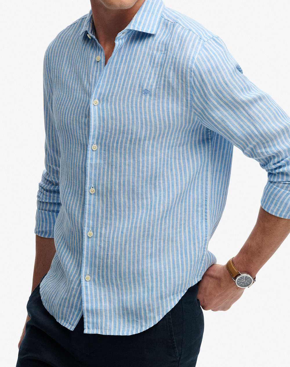 Superdry D2 Stud Riviera L S Linen Shirt Πουκαμισο Ανδρικό M4011103A-J9E Lightblue ανδρικά ρούχα πουκάμισα Politikos Shop Πολιτικός