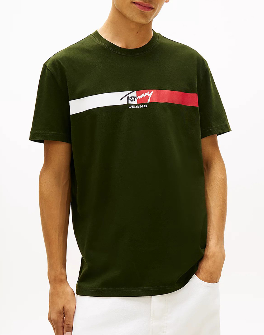 TOMMY JEANS TJM REG SIGNATURE STRIPE T EXT DM0DM22539-M0H DarkGreen