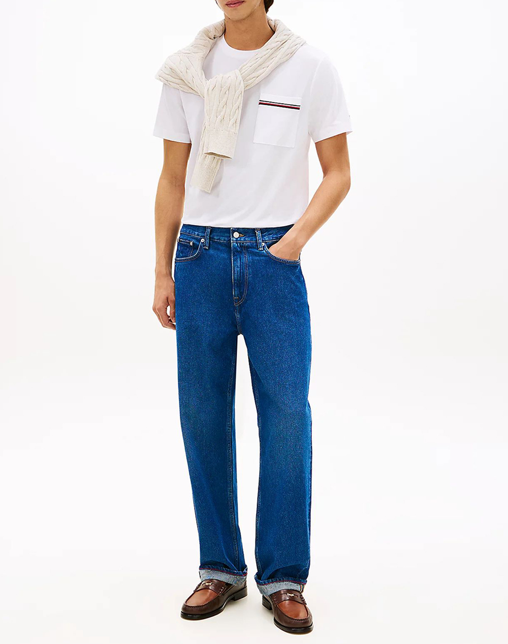 Tommy Hilfiger Global Stripe Pique Pocket Tee Mw0Mw42397-Ybr White ανδρικά ρούχα μπλούζες T-Shirt Politikos Shop Πολιτικός