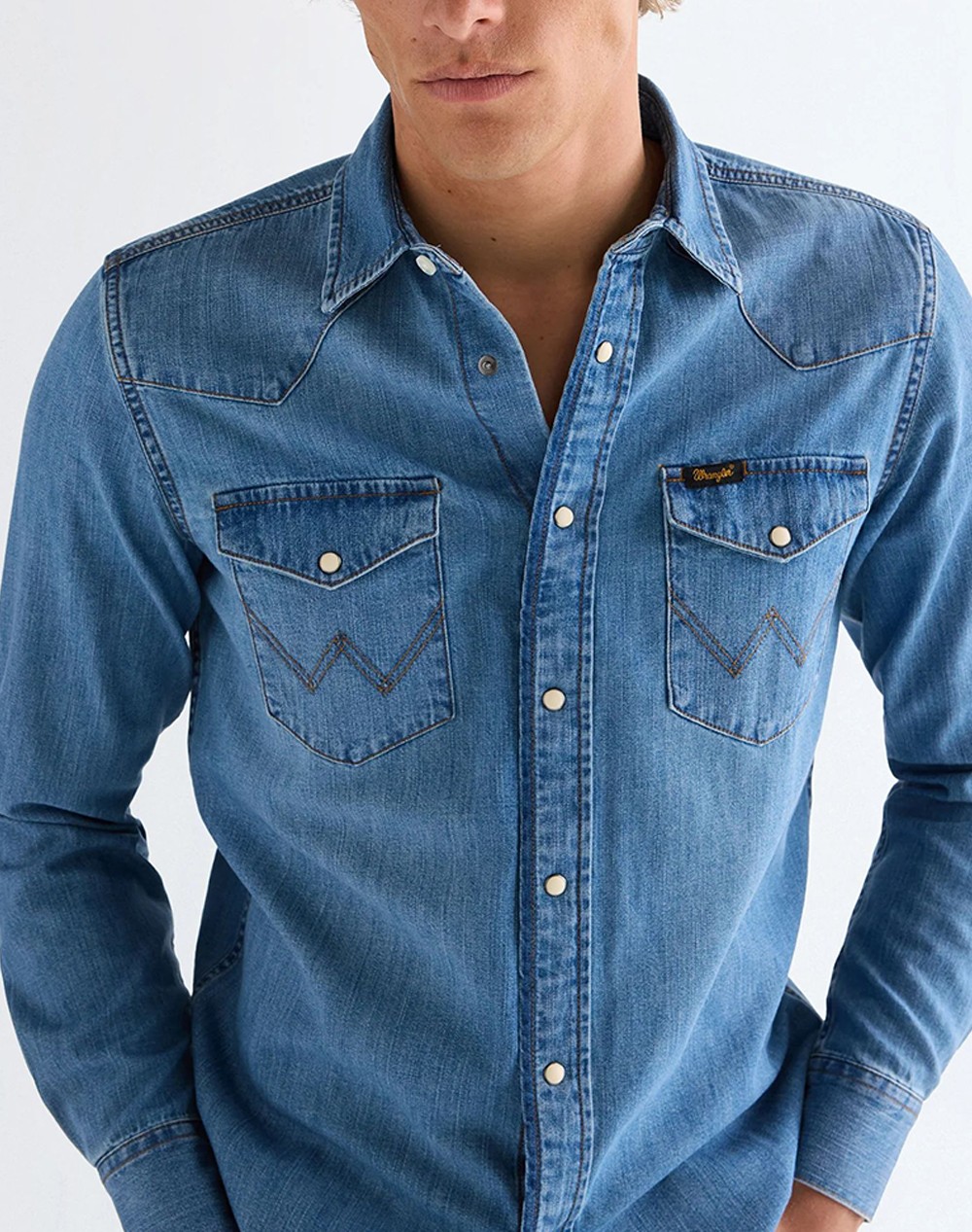 Wrangler Western Shirt 112378393-Mid Light Wash Denimlightblue ανδρικά ρούχα πουκάμισα Politikos Shop Πολιτικός