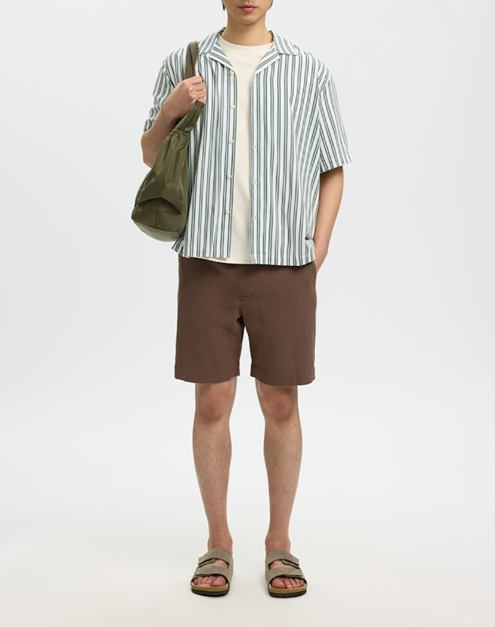 Selected Slmcasper-Air Rlx Mix Ss Shirt 16091381-Balsam Greenwhite Lightgreen ανδρικά ρούχα πουκάμισα Politikos Shop Πολιτικός