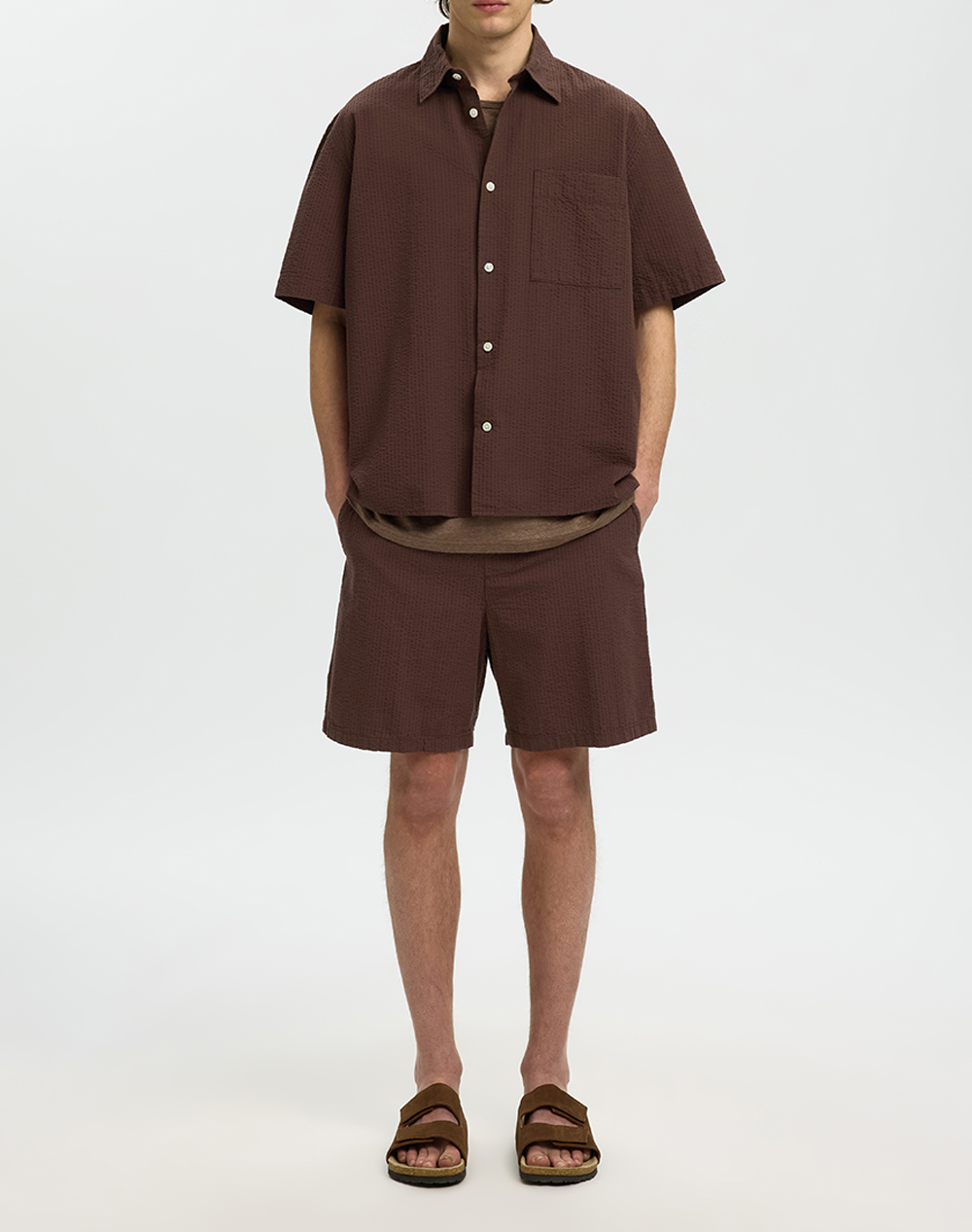 Selected Slhrlxstuart Seersucker Ss Shirt 16101353-Bracken Brown ανδρικά ρούχα πουκάμισα Politikos Shop Πολιτικός