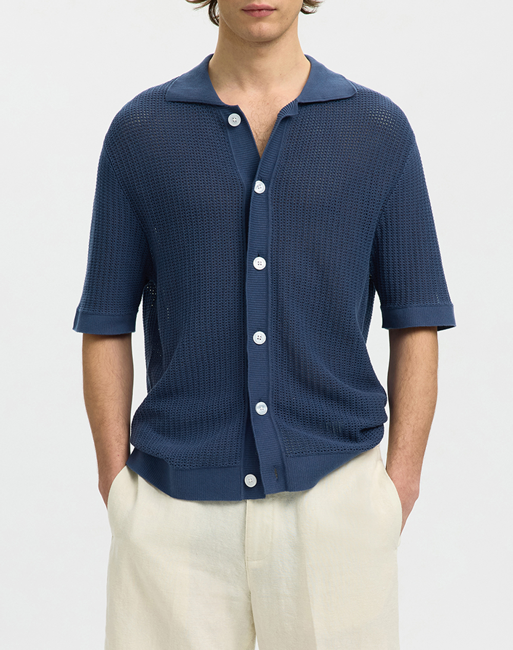 SELECTED SLHSHANE SS OPEN STRUC POLO CARDIGAN 16101371-Sargasso Sea Blue
