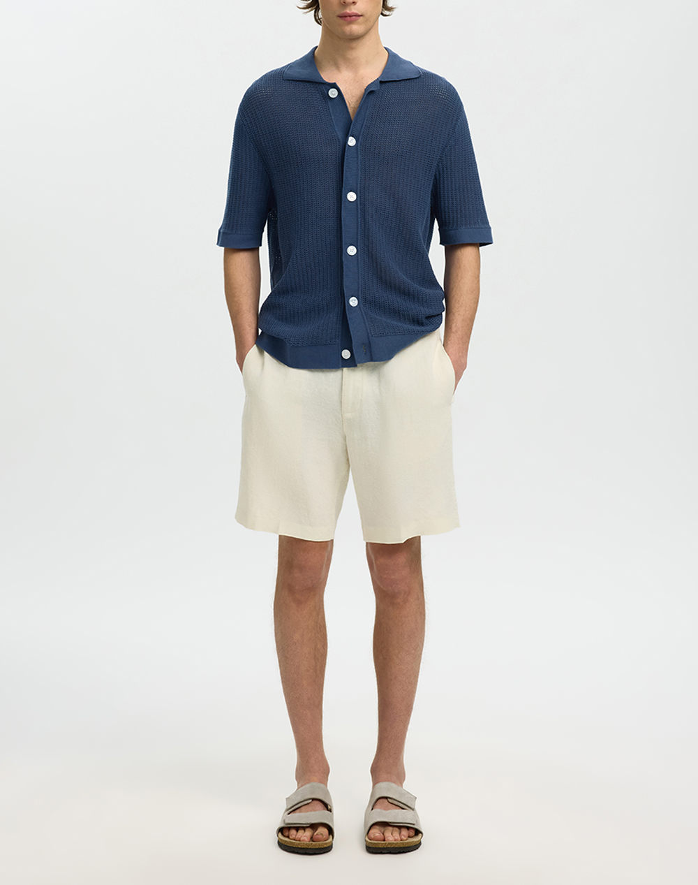 Selected Slhshane Ss Open Struc Polo Cardigan 16101371-Sargasso Sea Blue ανδρικά ρούχα πουκάμισα Politikos Shop Πολιτικός