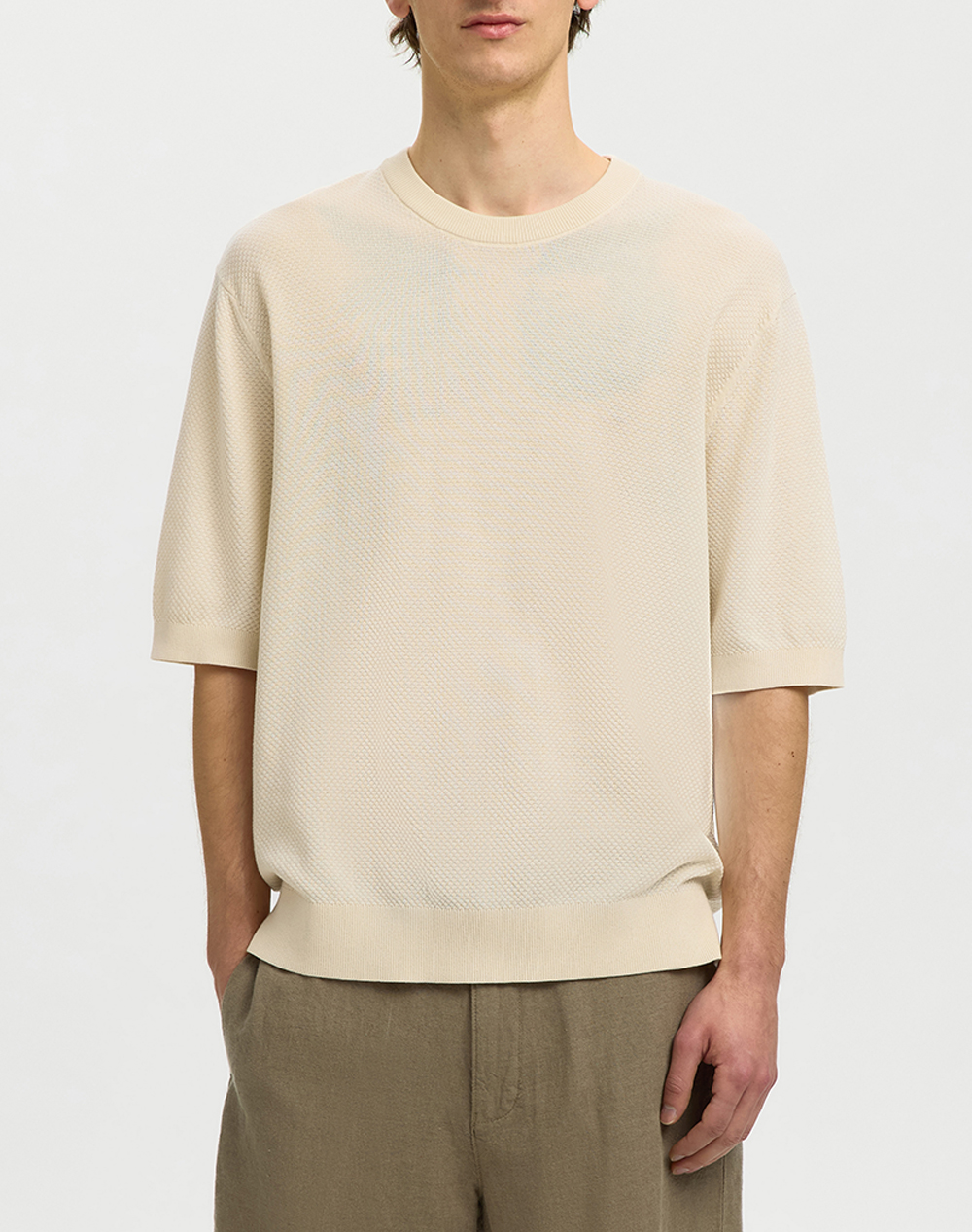 SELECTED SLHTORINO SS RELAXED STRUCTURE CREW NECK 16101377-Birch Cream