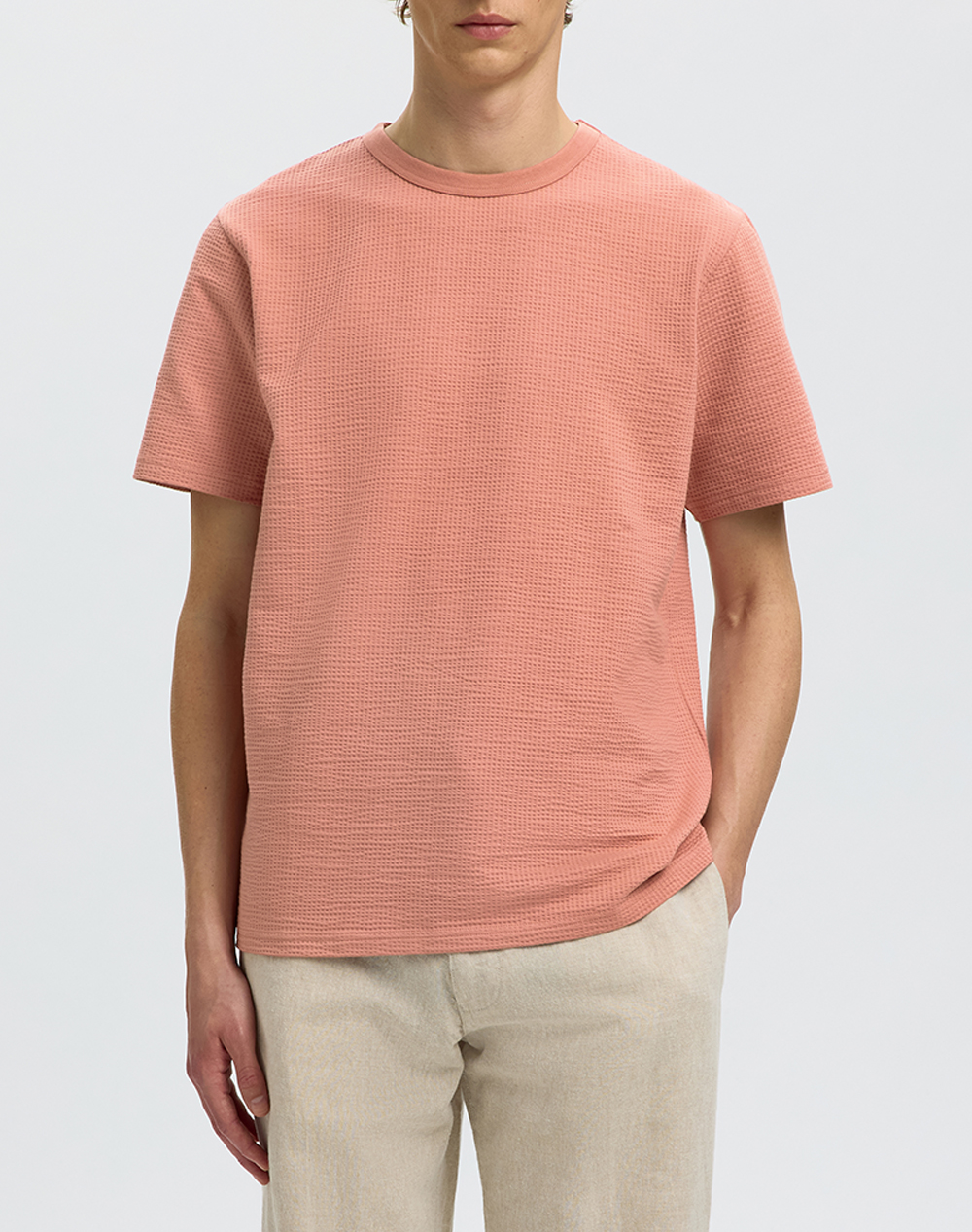 SELECTED SLMSANDER SEERSUCKER SS O-NECK TEE 16092769-Rose Dawn Coral