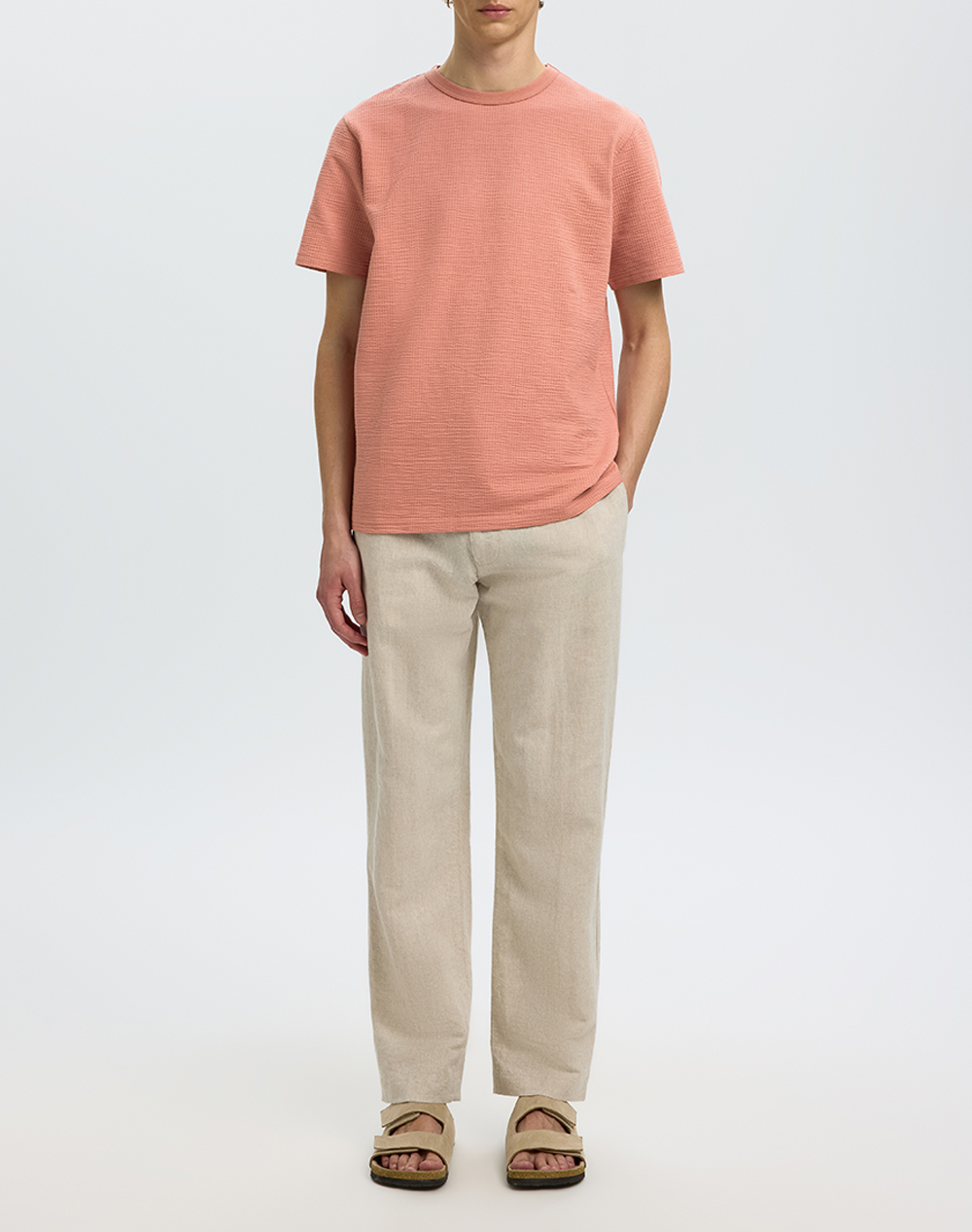 Selected Slmsander Seersucker Ss O-Neck Tee 16092769-Rose Dawn Coral ανδρικά ρούχα μπλούζες T-Shirt Politikos Shop Πολιτικός