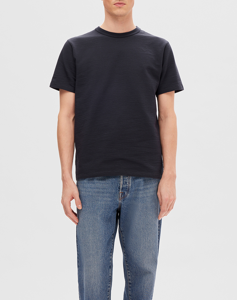 SELECTED SLMSANDER SEERSUCKER SS O-NECK TEE 16092769-Sky Captain DarkBlue