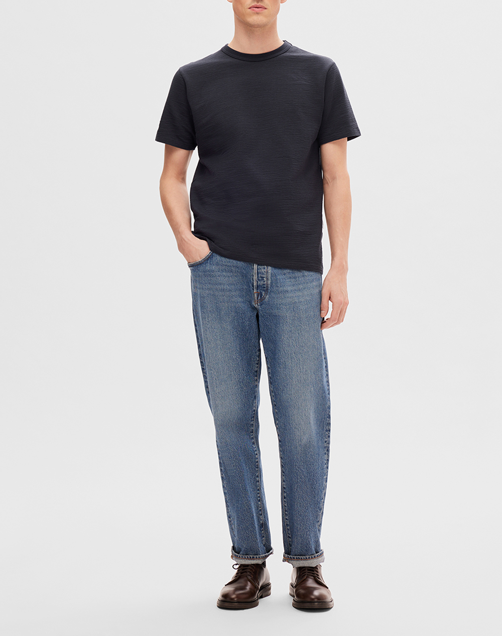 Selected Slmsander Seersucker Ss O-Neck Tee 16092769-Sky Captain Darkblue ανδρικά ρούχα μπλούζες T-Shirt Politikos Shop Πολιτικός