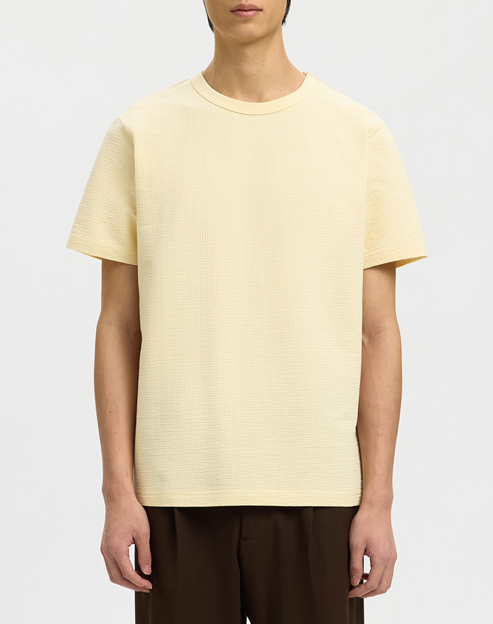 SELECTED SLMSANDER SEERSUCKER SS O-NECK TEE 16092769-ANGORA LightYellow