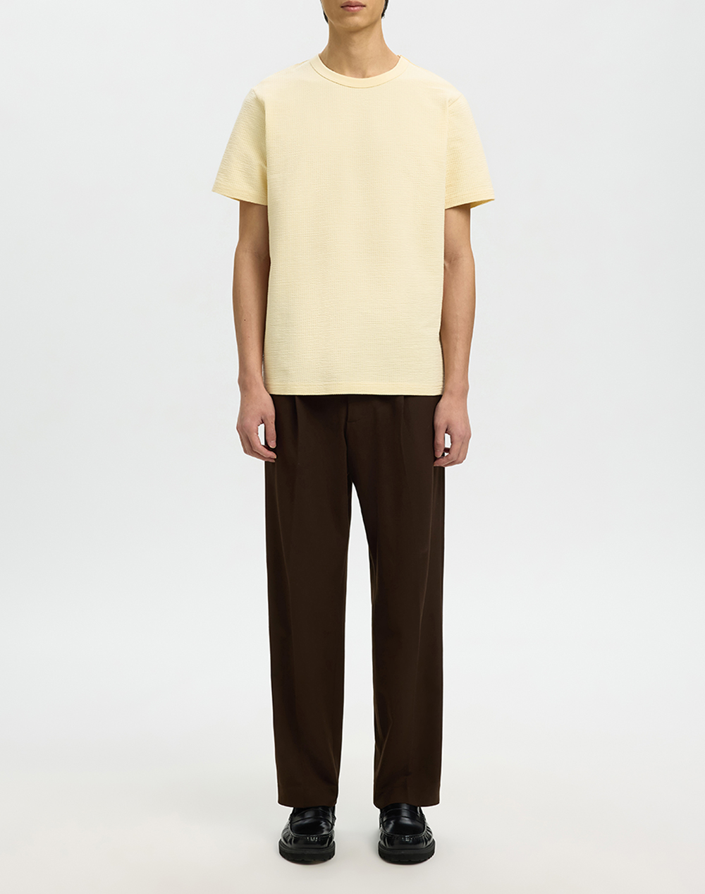 Selected Slmsander Seersucker Ss O-Neck Tee 16092769-Angora Lightyellow ανδρικά ρούχα μπλούζες T-Shirt Politikos Shop Πολιτικός