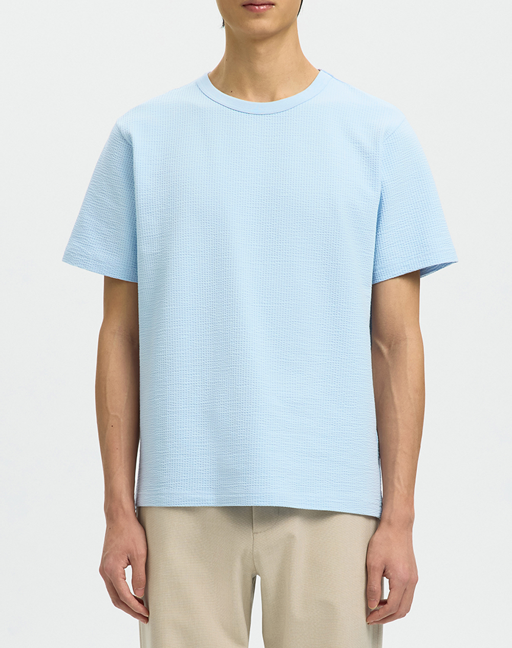 SELECTED SLMSANDER SEERSUCKER SS O-NECK TEE 16092769-Skyway SkyBlue
