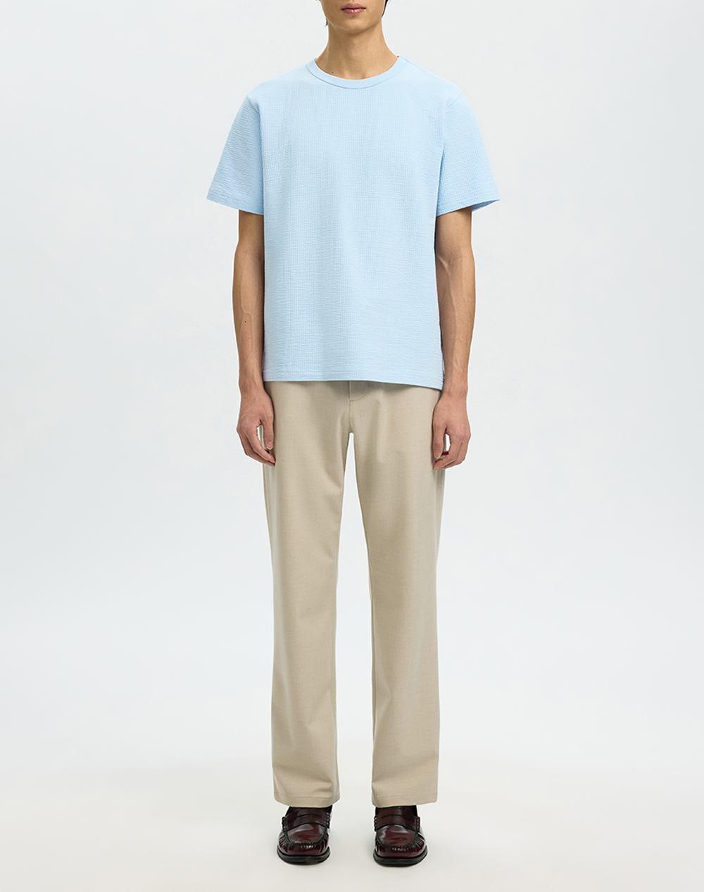 Selected Slmsander Seersucker Ss O-Neck Tee 16092769-Skyway Skyblue ανδρικά ρούχα μπλούζες T-Shirt Politikos Shop Πολιτικός