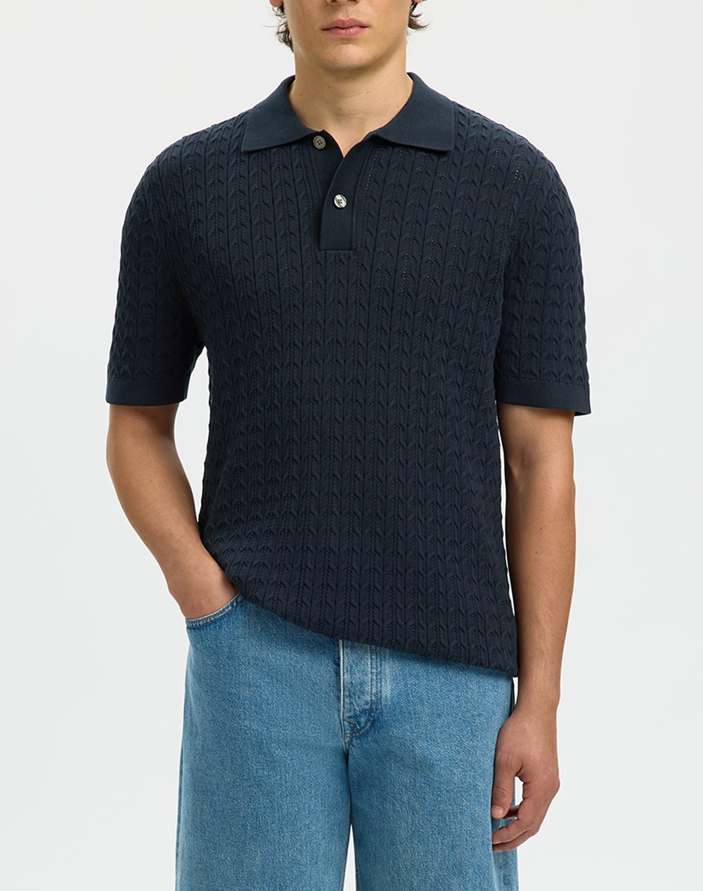 SELECTED SLHMATTIS SS KNIT NEW CABLE POLO 16100065-Sky Captain DarkBlue