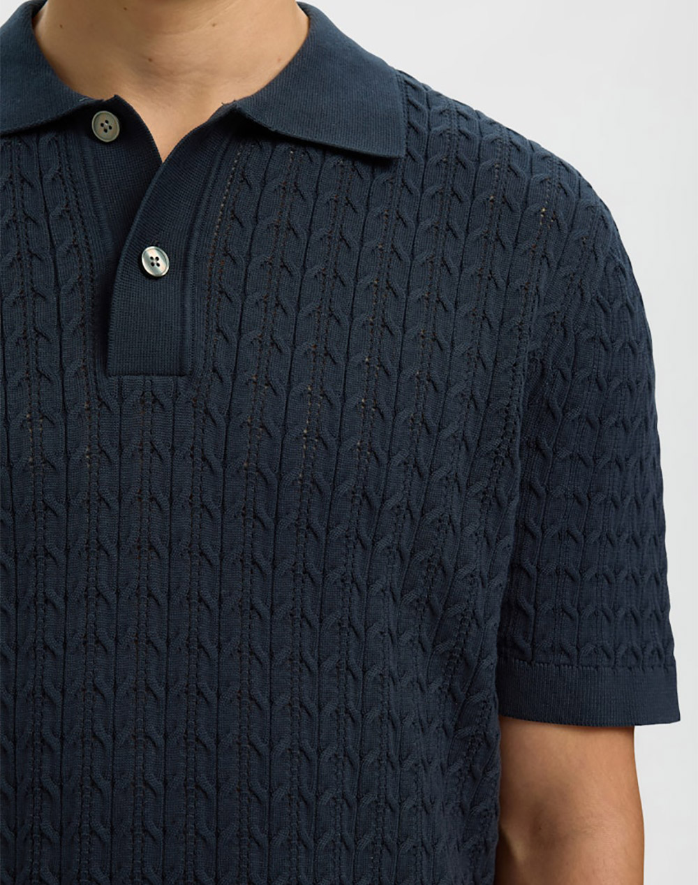 Selected Slhmattis Ss Knit New Cable Polo 16100065-Sky Captain Darkblue ανδρικά ρούχα μπλούζες Politikos Shop Πολιτικός
