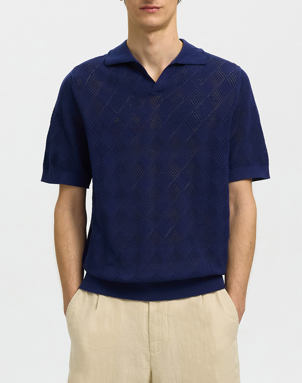 SELECTED SLHARCO SS KNIT STRUCTURE OPEN POLO 16101365-Ocean Cavern NavyBlue