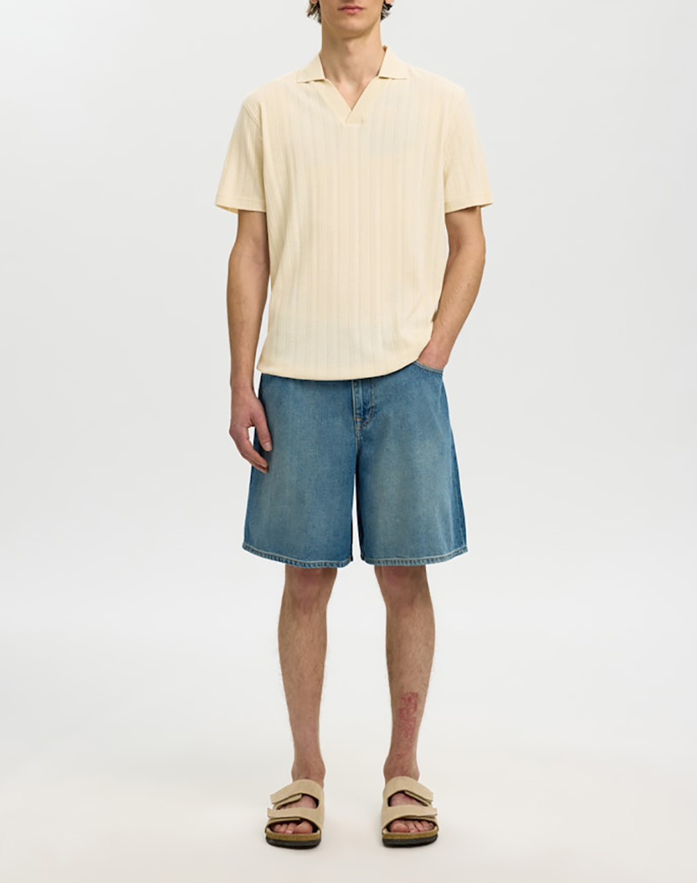 Selected Slhtravis Ss Polo 16101620-Birch Biege ανδρικά ρούχα μπλούζες Politikos Shop Πολιτικός