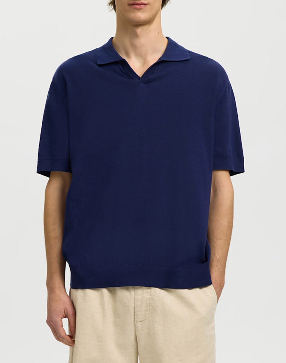 SELECTED SLHTORINO SS KNIT RELAXED OPEN POLO 16101372-Ocean Cavern DarkBlue
