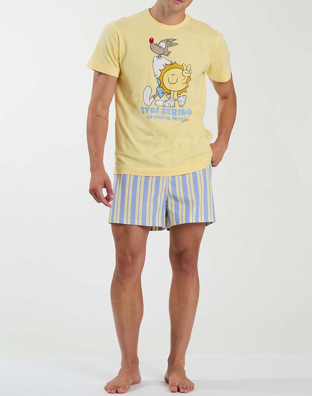 Cotton Mania Ανδρικό Σετ Πυτζάμας Με Κοντομάνικη Μπλούζα Με Τύπωμα Μπροστά Και Σόρτς Με Ριγέ Μοτίβο Κοντομάνικη Ριγέ Πολύχρωμο Βαμβάκι