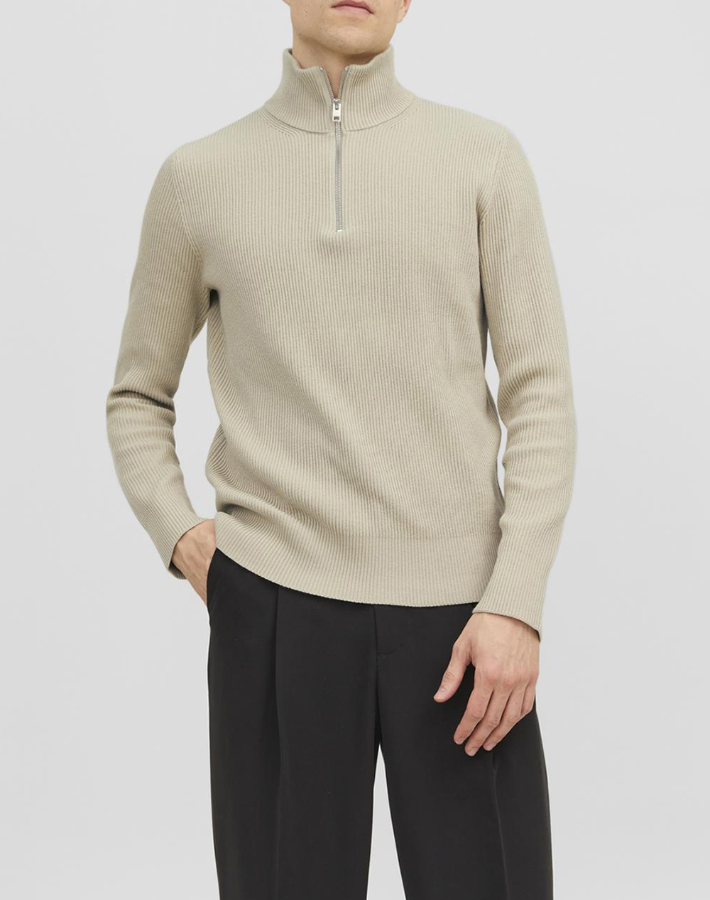 JACK&JONES JPRCCPERFECT KNIT HALF ZIP SN 12216768-Island Fossil Ecru